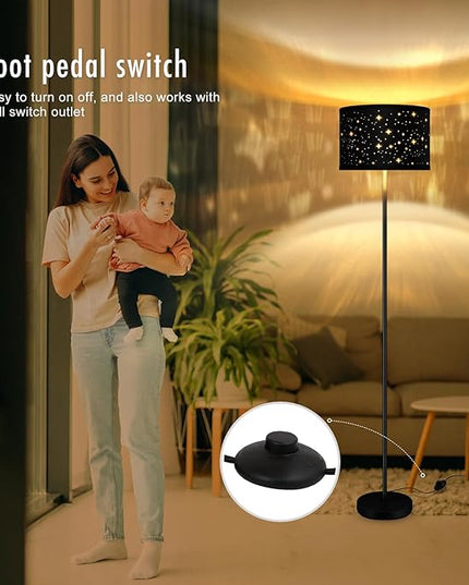 Black Floor Lamps for Living Room Bedroom, Bright Modern Standing Lamp with LED Bulb(6W Bulb), Black Star Lamp Shade, 59" Tall, Footswitch, Simple Reading Floor Lamps Corner Lamp for Office/Den - LeafyLoom
