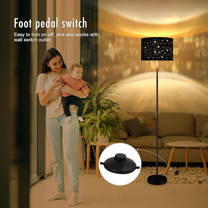Black Floor Lamps for Living Room Bedroom, Bright Modern Standing Lamp with LED Bulb(6W Bulb), Black Star Lamp Shade, 59" Tall, Footswitch, Simple Reading Floor Lamps Corner Lamp for Office/Den - LeafyLoom