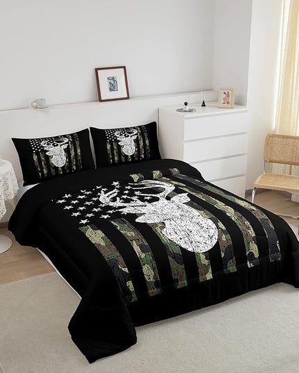 American Flag Comforter Set,Deer Hunting Down Comforter King,Army Green Military Camo Bedding Set For Boys Teens Kids Man,Western Farmhouse Stars Stripes Bedding Quilt Set Bedroom Decor 3 Pcs - LeafyLoom