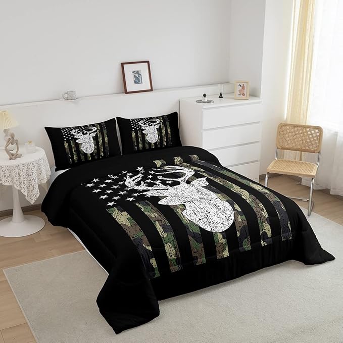 American Flag Comforter Set,Deer Hunting Down Comforter King,Army Green Military Camo Bedding Set For Boys Teens Kids Man,Western Farmhouse Stars Stripes Bedding Quilt Set Bedroom Decor 3 Pcs - LeafyLoom
