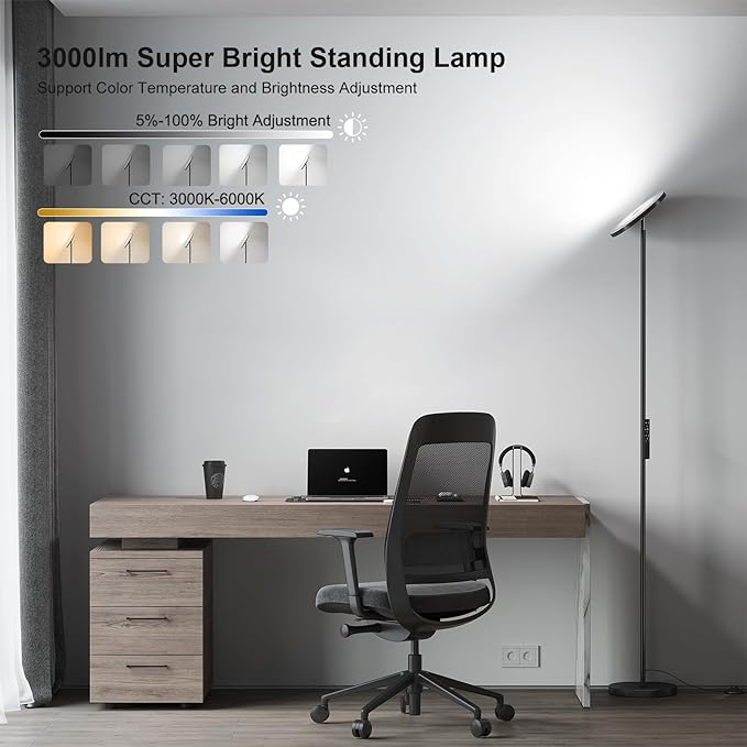 SUNMORY Floor Lamps for Living Room, 32W/3000LM Super Bright LED Floor Lamp with Remote Control, 69" Tall Standing Lamp with Stepless Dimmable, Modern Torchiere Corner Lamp for Bedroom, Office - LeafyLoom
