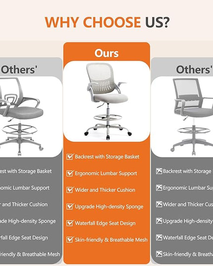 Sweetcrispy Home Office Drafting Desk Chair - Ergonomic High Stool Computer with Adjustable Height and Comfy Lumbar Support, Tall Rolling Task for Standing Desk with Flip-up Arm and Footrest, Grey - LeafyLoom
