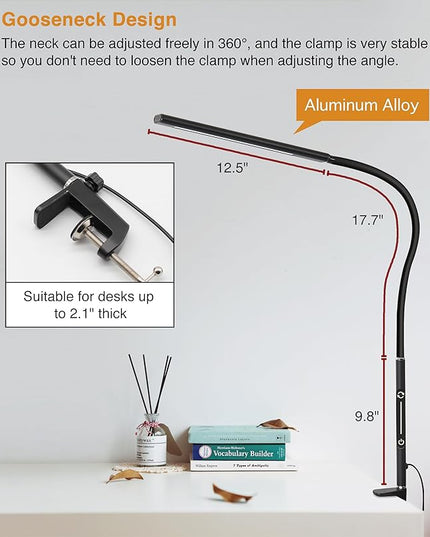 LED Desk Lamp for Office Home, Remote Control Desk Light with Stepless Dimming Adjustable Flexible Gooseneck,Eye-caring Clip on Table Lamp with 4 Color Modes, Workbench Drafting Reading Study bedrooms - LeafyLoom