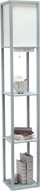 Simple Designs LF1037-GRY Organizer Storage Shelf with 2 Ports, 1 Charging Outlet and Linen Shade USB Etagere Floor Lamp, Gray - LeafyLoom