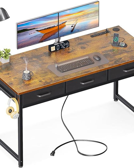 AODK 54 Inch Computer Desk with 3 Fabric Drawers, Office Desk with USB/Type-C Charging Ports & Power Outlets, Vanity Desk with Iron Hook for Bedroom, Study/Writing/Work Table for Bedroom, Vintage - LeafyLoom