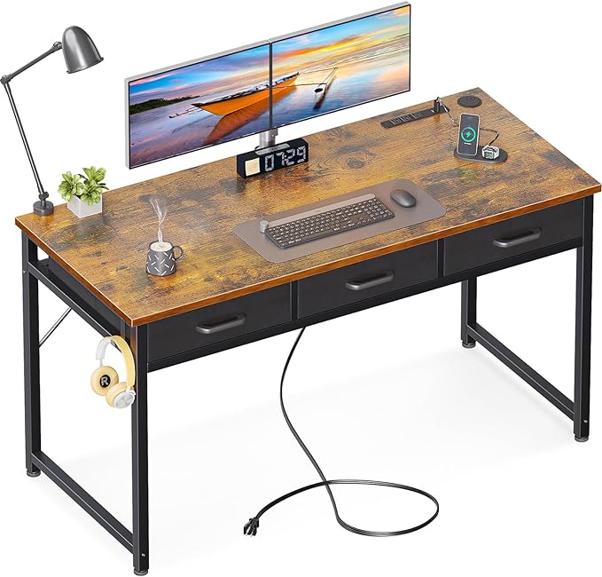 AODK 54 Inch Computer Desk with 3 Fabric Drawers, Office Desk with USB/Type-C Charging Ports & Power Outlets, Vanity Desk with Iron Hook for Bedroom, Study/Writing/Work Table for Bedroom, Vintage - LeafyLoom