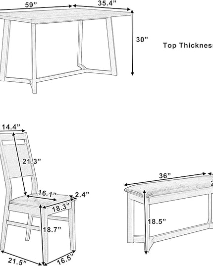 Farmhouse Style 4 Upholstered Chairs and Bench, Sturdy Wood, Easy Assembly & Clean, Room, Kitchen, Dark Brown, 6 Piece Dining Table Set - LeafyLoom