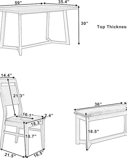 6-Piece Wood Dining Table Set with 4 PU Upholstered Chairs and Bench, Large Tabletop, for Kitchen Living Room, Farmhouse Style, Gray, 59" L x 35.4" W x 30" H - LeafyLoom