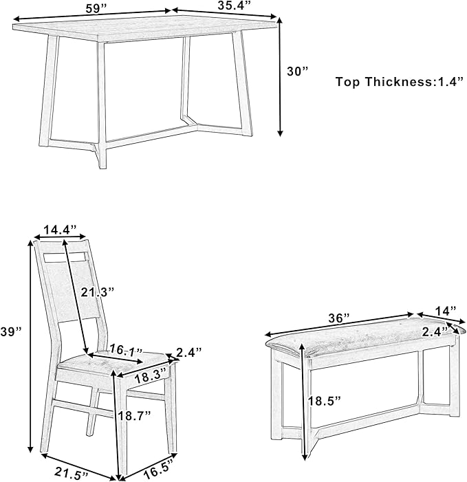 6-Piece Wood Dining Table Set with 4 PU Upholstered Chairs and Bench, Large Tabletop, for Kitchen Living Room, Farmhouse Style, Gray, 59" L x 35.4" W x 30" H - LeafyLoom
