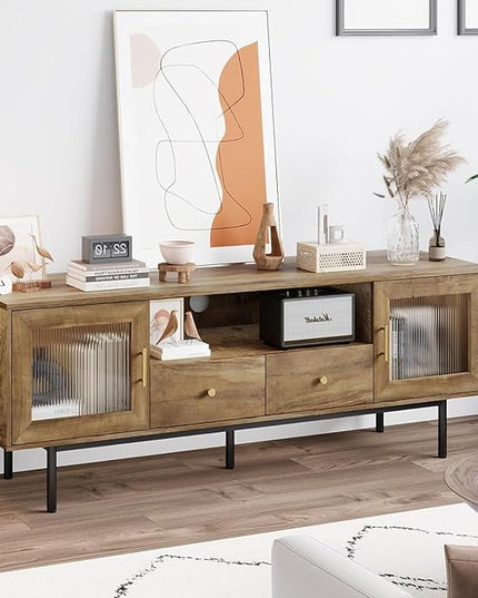 TV Stand for 65 Inch TV, Modern Entertainment Center with 2 Cabinets and 2 Drawers, Mid Century TV Stand for 55/60/65 inch TV, Media Console for Bedroom, Living Room and Office, Brown - LeafyLoom