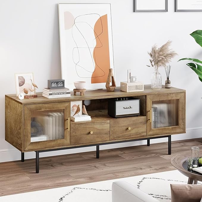 TV Stand for 65 Inch TV, Modern Entertainment Center with 2 Cabinets and 2 Drawers, Mid Century TV Stand for 55/60/65 inch TV, Media Console for Bedroom, Living Room and Office, Brown - LeafyLoom