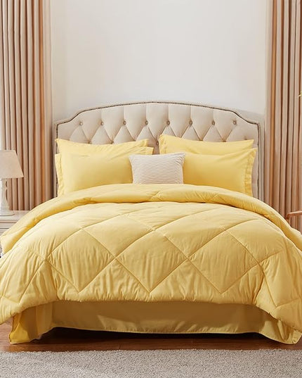 NexHome Yellow King Bed in a Bag 7-Pieces Comforter Sets with Comforter and Sheets Soft All Season Bedding Sets with Comforter, Pillow Shams, Flat Sheet, Fitted Sheet and Pillowcases - LeafyLoom