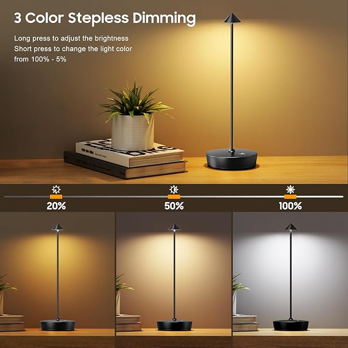 Cordless Table Lamp Rechargeable, Waterproof Portable Touch Dimmable Desk Lamp, 6000mAh Battery Operated LED Table Light for Restaurant/Indoor/Patio - LeafyLoom