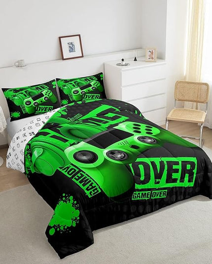 Feelyou Gamer Comforter Sets for Boys Teens Gaming Comforter King Size Kids Video Game Comforter Set Green Black Room Decor Headphone Gamepad Bedding Set Reversible Quilt for All Season 3Pcs Boys - LeafyLoom