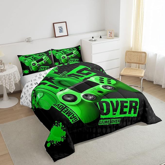 Feelyou Gamer Comforter Sets for Boys Teens Gaming Comforter King Size Kids Video Game Comforter Set Green Black Room Decor Headphone Gamepad Bedding Set Reversible Quilt for All Season 3Pcs Boys - LeafyLoom