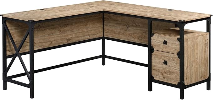 Sauder Steel River L-Shaped Desk, L: 59.84" x W: 57.32" x H: 29.53", Milled Mesquite Finish & Steel River Pedestal File Cabinet, L: 20.87" x W: 23.86" x H: 26.58", Milled Mesquite Finish - LeafyLoom