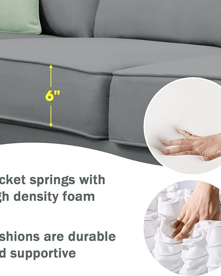 112" 7 Seats Sectional Solid Wood Sofa Sets with Ottoman,L Shape Upholstered Fabric Couch w/ 3 Pillows,for Living, Apartment,Huse or Conference Room,Grey - LeafyLoom