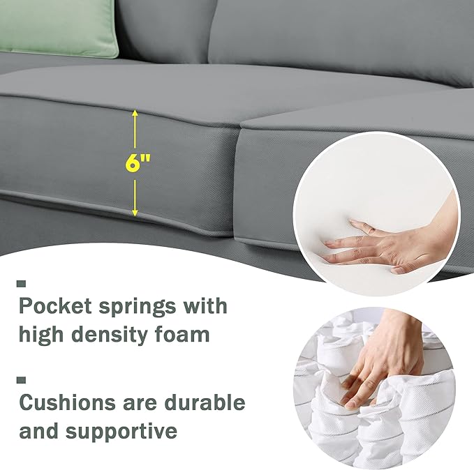 112" 7 Seats Sectional Solid Wood Sofa Sets with Ottoman,L Shape Upholstered Fabric Couch w/ 3 Pillows,for Living, Apartment,Huse or Conference Room,Grey - LeafyLoom
