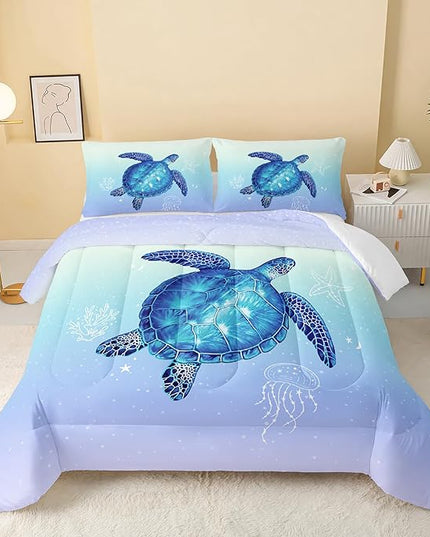 Turtle Comforter Twin Size,Ocean Comforter Set for Kids Teens Girls Boys,3Pcs Bedding Set Printed Comforter with 2 Pillowcases,Down Alternative,Soft and Lightweight(Blue，Twin Size) - LeafyLoom