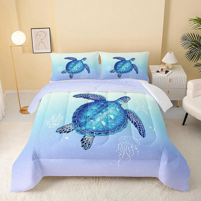 Turtle Comforter Twin Size,Ocean Comforter Set for Kids Teens Girls Boys,3Pcs Bedding Set Printed Comforter with 2 Pillowcases,Down Alternative,Soft and Lightweight(Blue，Twin Size) - LeafyLoom