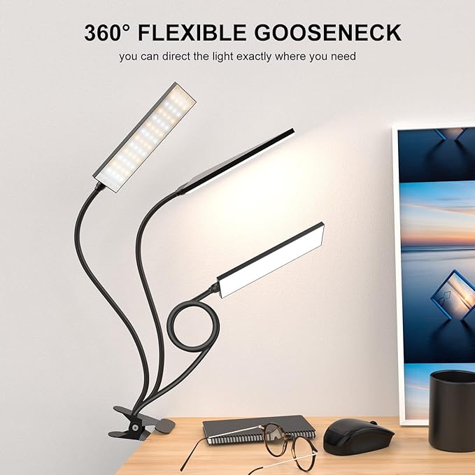 RAOYI LED Desk Lamp, 5W USB Clip on Light Eye-Caring Reading Clamp Table Lamp with 48 LEDs Flexible Gooseneck, 3 Color Modes and 14 Brightness Levels for Office Bedroom Study (Black) - LeafyLoom