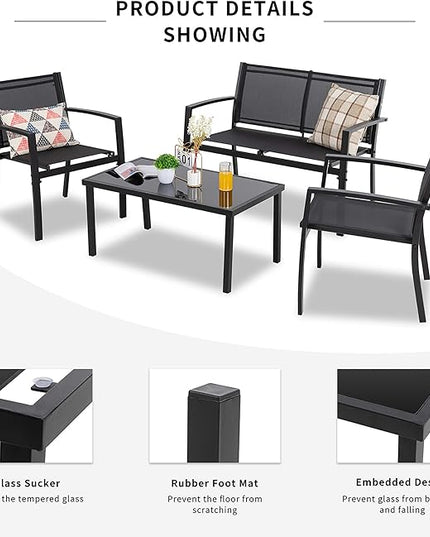Shintenchi 4 Pieces Patio Furniture Set All Weather Textile Fabric Outdoor Conversation Set, with Glass Coffee Table, Loveseat, 2 Single Chairs for Home, Garden, Lawn, Porch（Black） - LeafyLoom