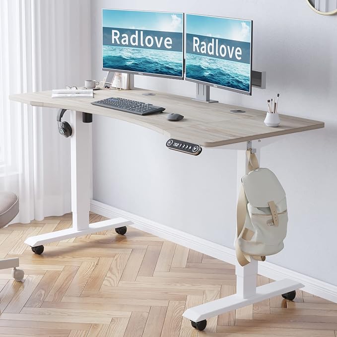 Radlove Electric Standing Desk, 55 x 30 Height Adjustable Computer Desk Sit Stand Desk Home Office Desks with Splice Board and A Under Desk Cable Management Tray (White Frame + Oak Top) - LeafyLoom