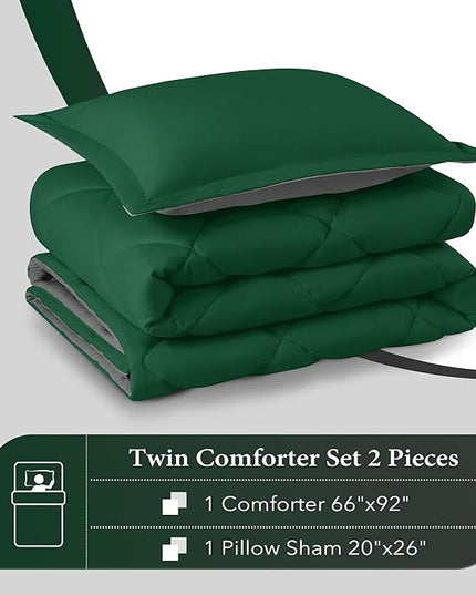 downluxe Twin Comforter Set - Dark Green and Grey Twin Comforter, Soft Bedding Sets for All Seasons -2 Pieces - 1 Comforter (66"x92") and 1 Pillow Sham(20"x26") - LeafyLoom