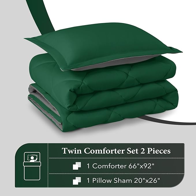 downluxe Twin Comforter Set - Dark Green and Grey Twin Comforter, Soft Bedding Sets for All Seasons -2 Pieces - 1 Comforter (66"x92") and 1 Pillow Sham(20"x26") - LeafyLoom