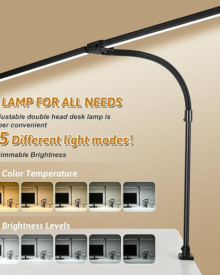 Double Head LED Desk Lamp with Anti-Glare Cover Computer Desk Lamp for Home Office 24W Brightest Desk Light Office Lamp for Workbench Drafting Architect with Clamp and Base - LeafyLoom