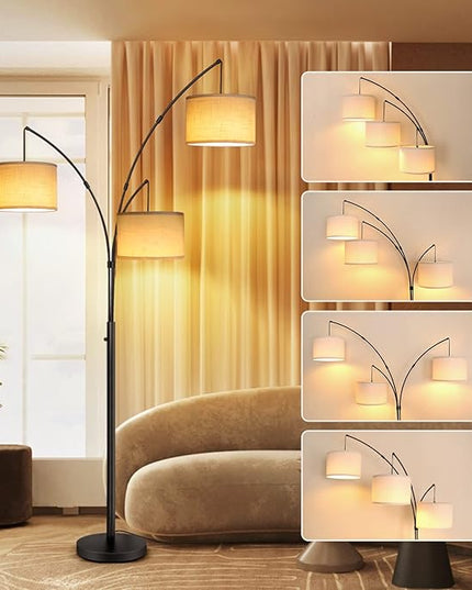 OUTON Arc Led Floor Lamp, Modern Black 3 Light Tall Floor Lamp for Bedroom, 2400lm Mid Century Adjustable Standing Corner Lamps for Living Room Office, 3 LED Bulbs Included, White Lampshade - LeafyLoom