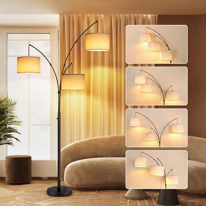OUTON Arc Led Floor Lamp, Modern Black 3 Light Tall Floor Lamp for Bedroom, 2400lm Mid Century Adjustable Standing Corner Lamps for Living Room Office, 3 LED Bulbs Included, White Lampshade - LeafyLoom