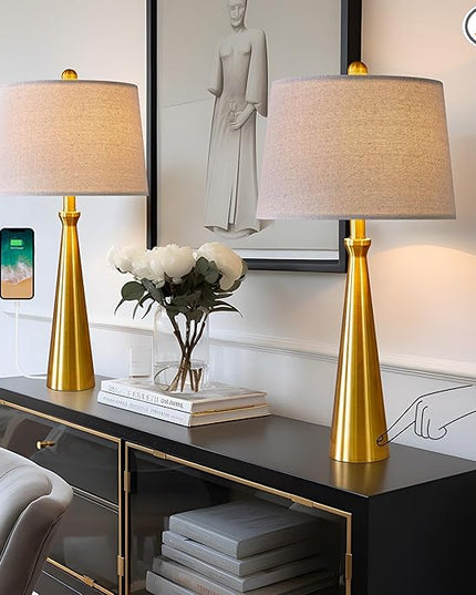Oneach 25.75" 3-Way Dimmable Touch Control Modern USB Table Lamp Set of 2 for Living Room Bed Room Bedside Nightstand Lamps Fabric Shade Vintage Accent Light Gold Antique Brass - LeafyLoom