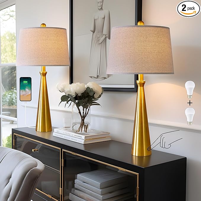 Oneach 25.75" 3-Way Dimmable Touch Control Modern USB Table Lamp Set of 2 for Living Room Bed Room Bedside Nightstand Lamps Fabric Shade Vintage Accent Light Gold Antique Brass - LeafyLoom