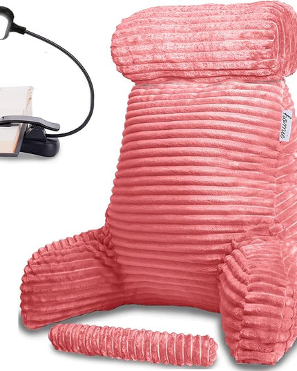 Homie Reading Pillow with Reading Light and Wrist Support, Has Arm Rests, and Back Support for Bed Rest, Lounging, Reading, Working on Laptop, Watching TV (Large, Pink) - LeafyLoom