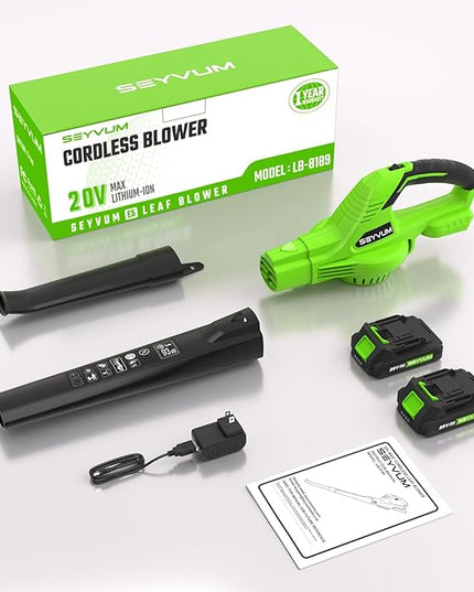 SEYVUM Leaf Blower, 20V Cordless Leaf Blower with 2 Pcs Battery, Electric Leaf Blower for Lawn Care, 320CFM 150MPH Battery Powered Leaf Blower, for Patio, Garden Cleaning, Fast Charger Included, Green - LeafyLoom