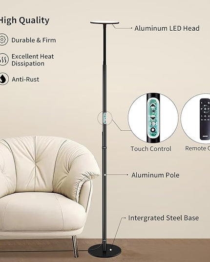 chiphy Floor Lamp, 60'' Bright Floor Lamp, 23W 2000LM Modern Floor Lamp, Dimmable 2300K-6500K Flexible Gooseneck with Remote Standing Lamp for Living Room Bedroom Office Reading Crafting Work Light - LeafyLoom