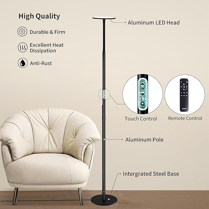 chiphy Floor Lamp, 60'' Bright Floor Lamp, 23W 2000LM Modern Floor Lamp, Dimmable 2300K-6500K Flexible Gooseneck with Remote Standing Lamp for Living Room Bedroom Office Reading Crafting Work Light - LeafyLoom