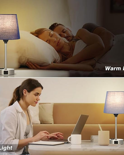 Table Lamps for Bedrooms Set of 2 Bedside - Nightstand Bedroom Lamp with USB C Port and AC Outlet Charging, Dimmable Touch Small End Side Lamp, Blue Night Stand Light for Kid/Guest Room/Living Room - LeafyLoom