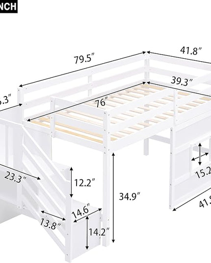 Twin Size Low Loft Bed with Storage Staircase,Kids Loft Bed Twin with Window,Space-Saving Low Loft Bed Frame for for Teens, Boys, Girls,White - LeafyLoom