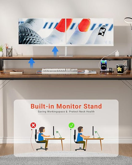 47 inch Computer Desk with Power Outlets, Gaming desk with LED Lights, Home Office Work Desk with Monitor Shelf, Modern Office Desk Study Writing Table for Small Spaces, Rustic Brown - LeafyLoom