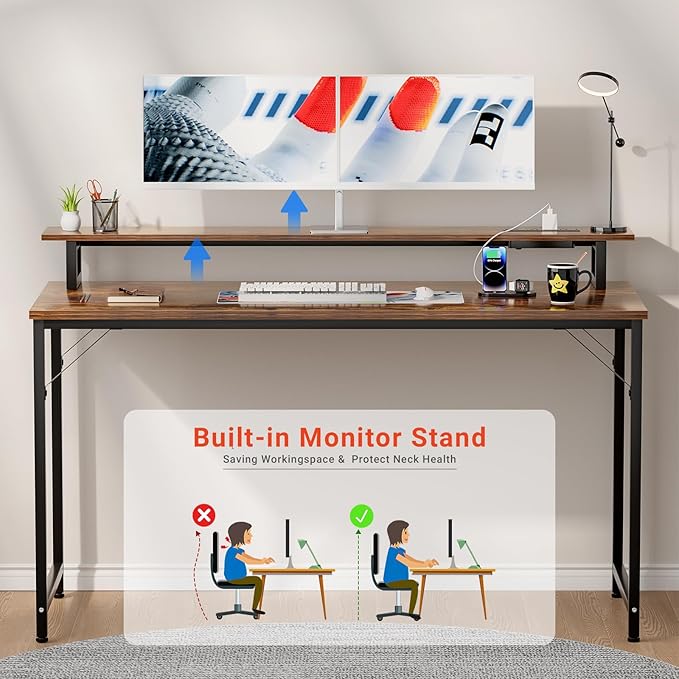 47 inch Computer Desk with Power Outlets, Gaming desk with LED Lights, Home Office Work Desk with Monitor Shelf, Modern Office Desk Study Writing Table for Small Spaces, Rustic Brown - LeafyLoom