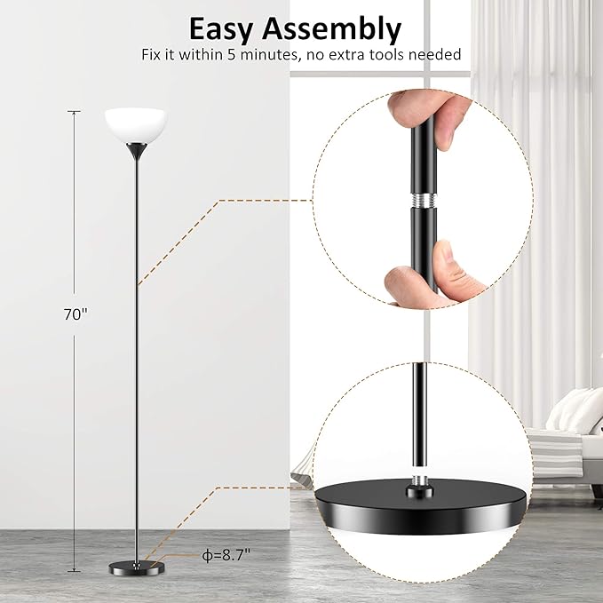 PESRAE Floor Lamp, Remote Control with 4 Color Temperatures, Torchiere Floor lamp for Bedroom, Standing Lamps for Living Room, Bulb Included (Glossy Black) - LeafyLoom