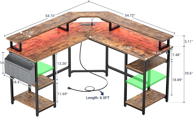 Aheaplus L Shaped Gaming Desk with Power Outlets & LED Lights, Corner Computer Desk with Monitor Stand and Storage Shelf, Home Office Writing Desk with Storage Bag, Rustic Brown - LeafyLoom