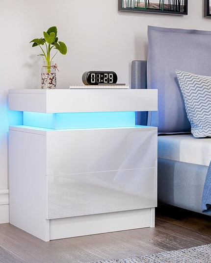 HOMMPA LED Nightstand White Nightstand with Led Lights Modern Night Stand with 2 High Gloss Drawers Led Bedside Table Smart Nightstand for Bedroom 20.5” Tall - LeafyLoom