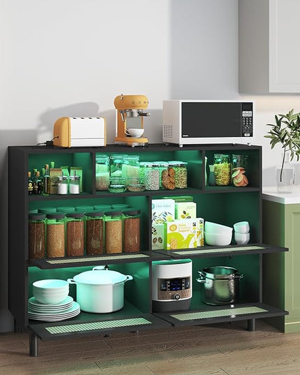 Sideboard Buffet Cabinet, Kitchen Storage Cabinet with Power Outlet & Led Lights, Accent Cabinet with 4 Rattan Doors, Black - LeafyLoom