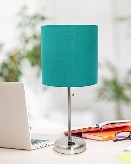 Simple Designs LT1144-TEL Sleek and Slender Brushed Steel Table Lamp with Charging Outlet, for Bedroom, Living Room, Entryway, Office, Dining Room, Study, Teal Shade - LeafyLoom