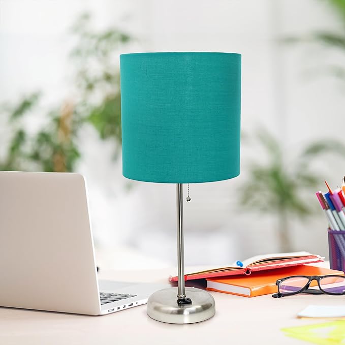 Simple Designs LT1144-TEL Sleek and Slender Brushed Steel Table Lamp with Charging Outlet, for Bedroom, Living Room, Entryway, Office, Dining Room, Study, Teal Shade - LeafyLoom