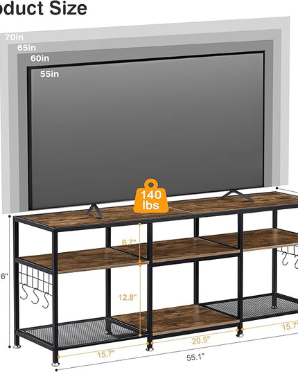 VECELO 55" TV Stand for 55/60/65 Inch Television, Entertainment Center with Storage Shelves & Hooks, 3-Tier Modern Wooden Console Table for Living, Bedroom and Gaming Room, 55 Inch, Retro Brown - LeafyLoom