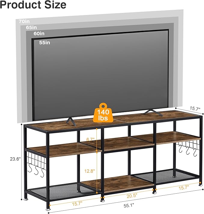 VECELO 55" TV Stand for 55/60/65 Inch Television, Entertainment Center with Storage Shelves & Hooks, 3-Tier Modern Wooden Console Table for Living, Bedroom and Gaming Room, 55 Inch, Retro Brown - LeafyLoom